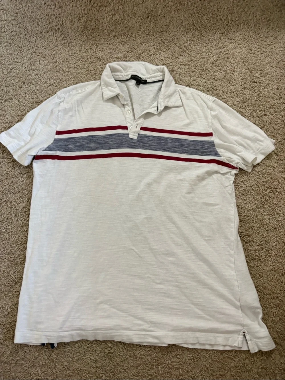 Banana Republic White Polo with Red and Navy Stripe Detail
